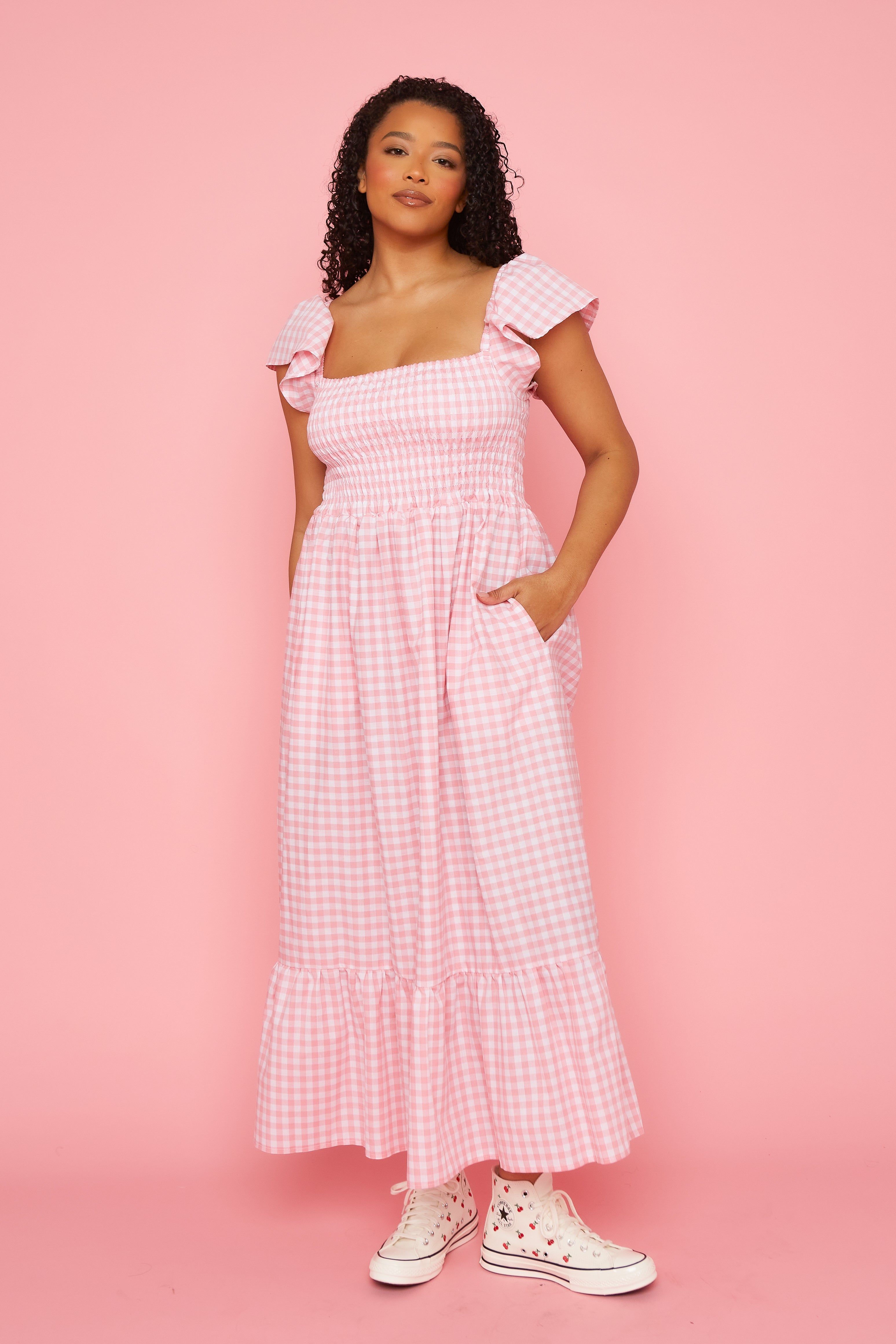 Pink gingham dress womens best sale